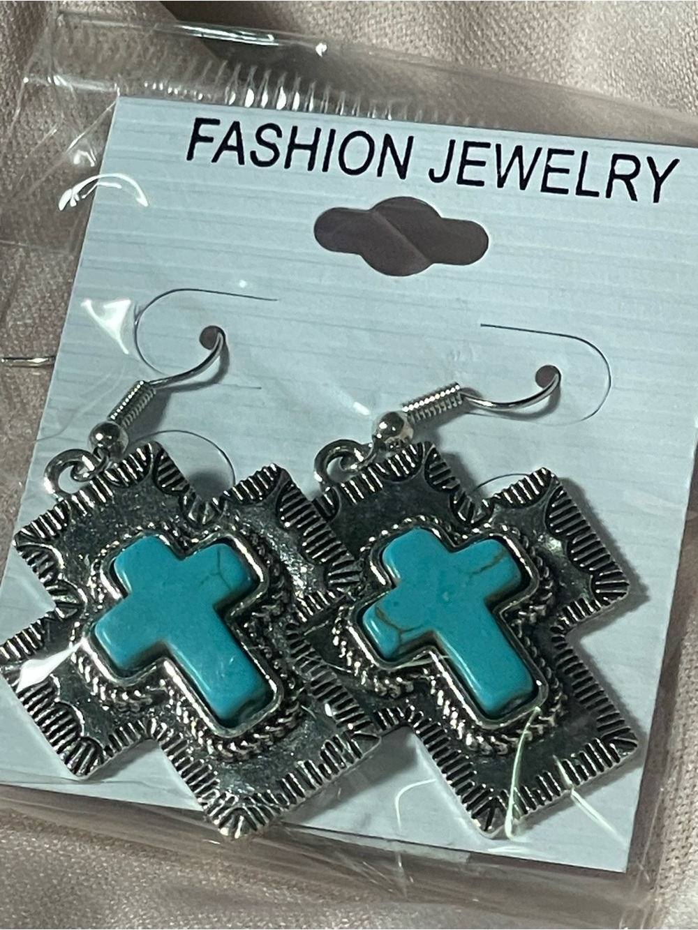 Fashion Jewelry Silver-Tone Earrings with Turquoise Cross Inlay